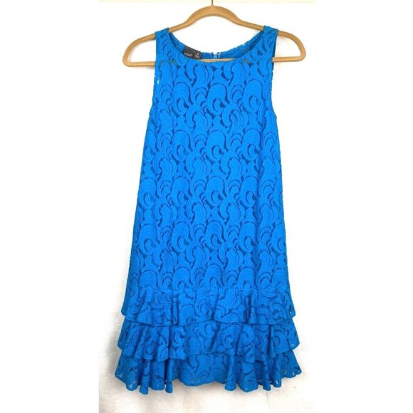Anthropologie Muse SZ 6 Blue Preppy Sleeveless Lace Overlay Dress Ruffled Hem - Picture 9 of 11